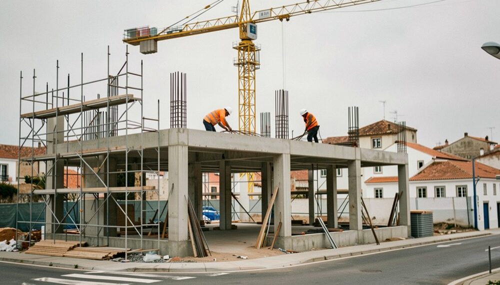 Estrutura de betão armado de um prédio em construção, com andaime, grua amarela e dois operários de capacete a atar armaduras na laje, numa manhã encoberta.