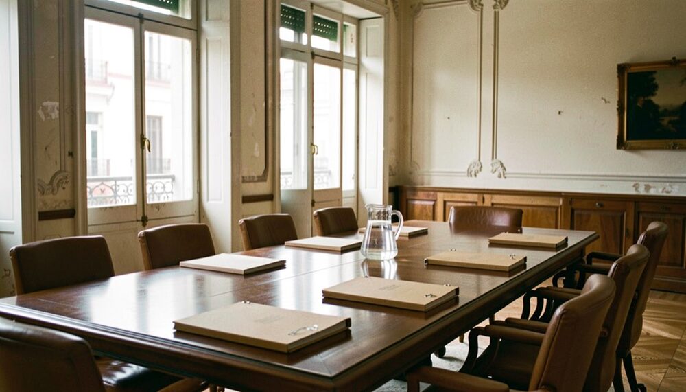 Sala de reuniões vazia num edifício antigo: mesa comprida de madeira escura, cadeiras de couro, pastas fechadas e um jarro de água, janelas altas com luz da manhã.