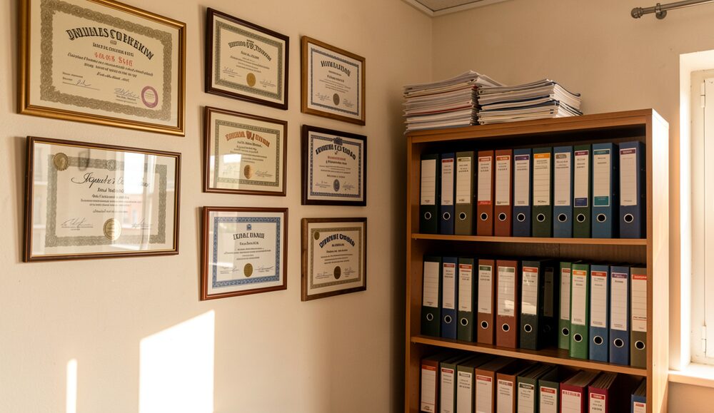 Parede de um pequeno escritório com certificados emoldurados e uma estante de dossiês.