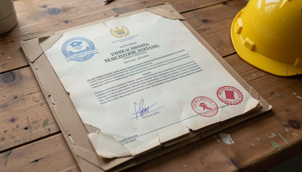 Pasta de cartão com certificados e carimbos sobre uma secretária de madeira, com um capacete de obra.
