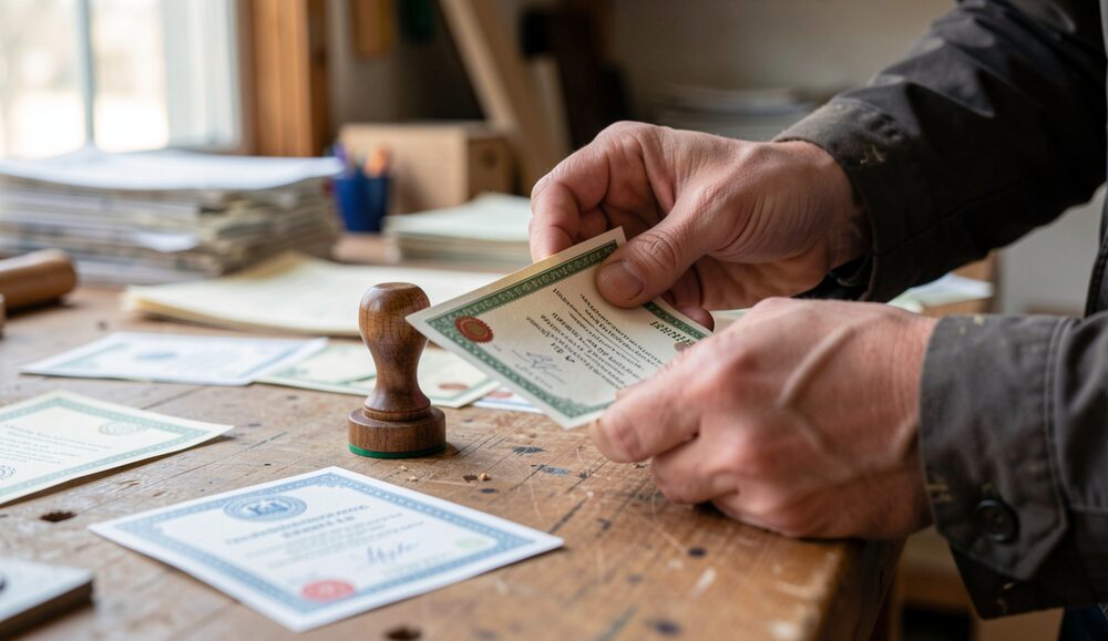 Mãos separam certificados impressos e um carimbo sobre uma mesa de trabalho.