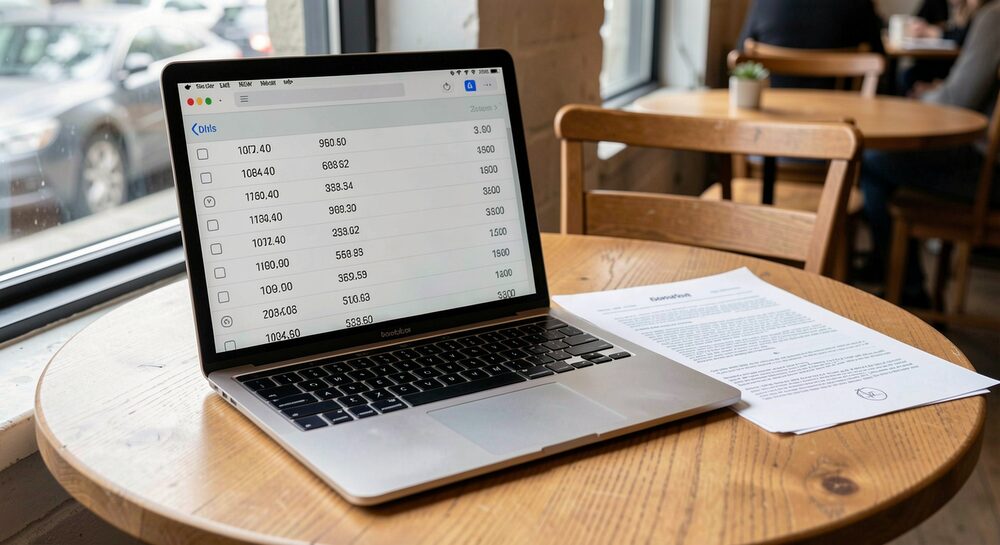 Computador portátil numa mesa de café a mostrar uma lista de registos, com um documento impresso ao lado.