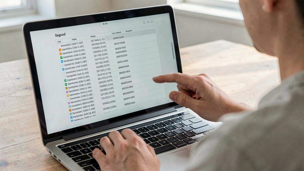 Pessoa percorre uma lista de dados num ecrã de computador portátil; só as mãos são visíveis.