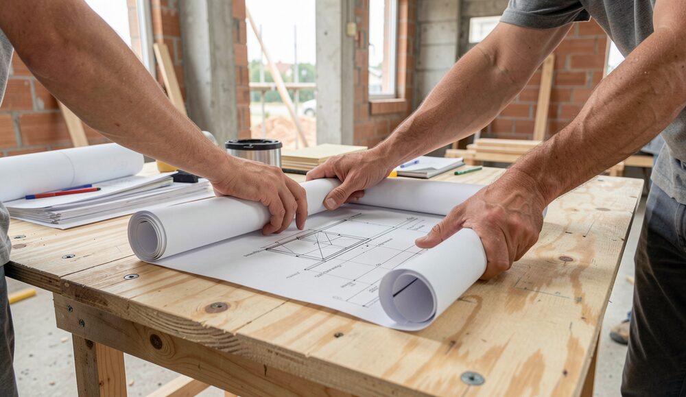 Mãos desenrolam uma planta de construção sobre uma mesa improvisada no estaleiro.