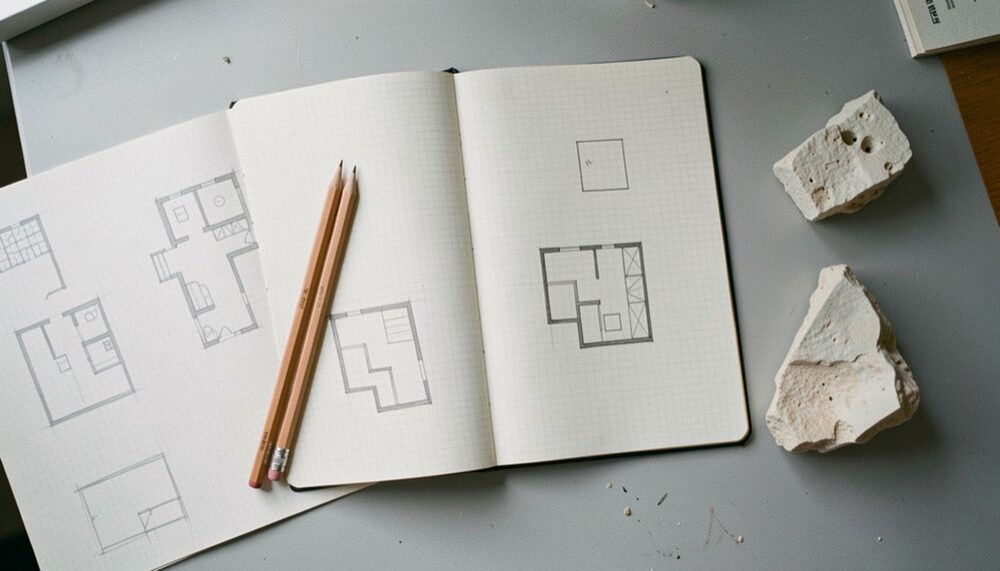 Caderno com esboços de plantas, lápis e amostras de pedra sobre uma mesa.
