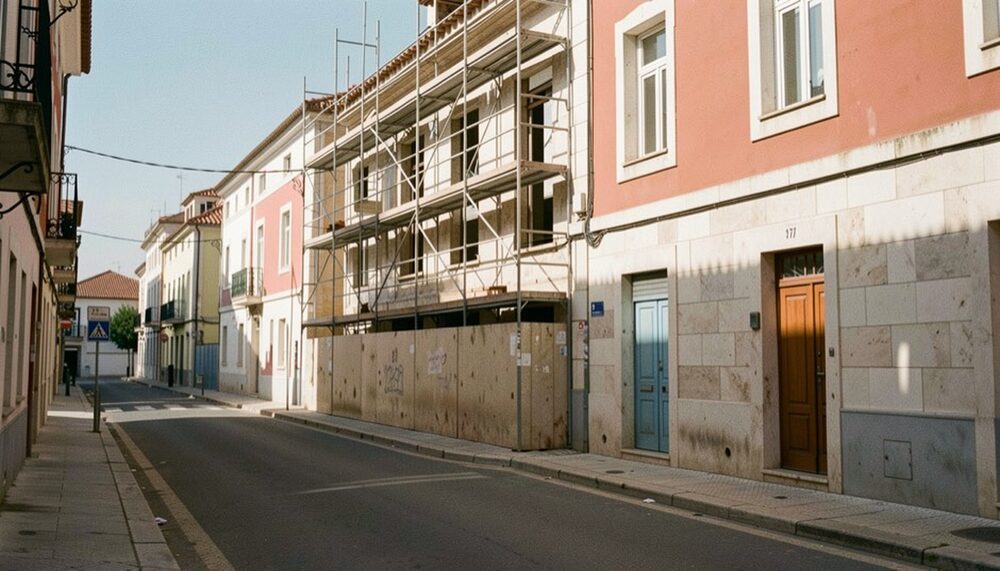 Fachadas claras e andaimes num cenário urbano de construção.
