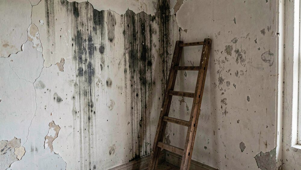 Canto interior de uma sala antiga com manchas escuras de humidade e tinta a escamar.