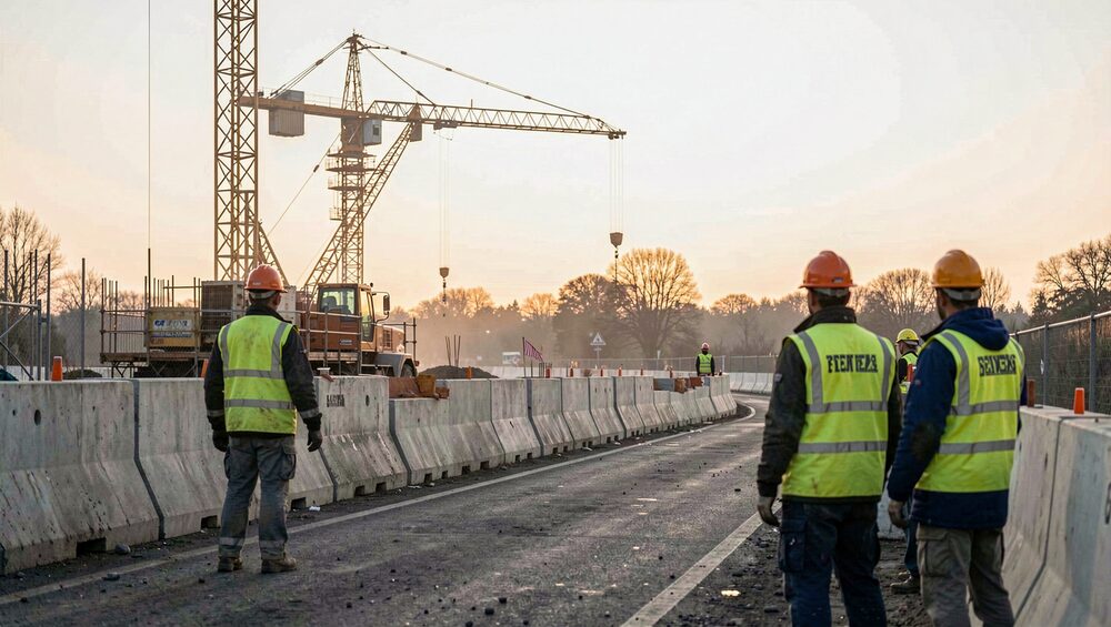Estaleiro de obras públicas ao amanhecer: barreiras de betão, grua e trabalhadores de colete.