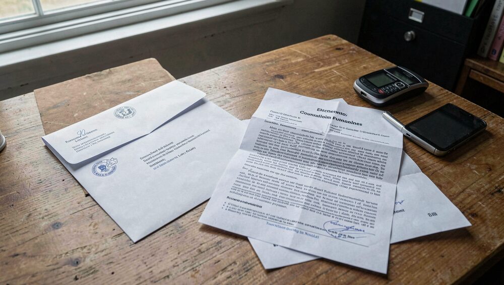 Envelope oficial e uma notificação dobrada sobre uma secretária, com um telemóvel ao lado.