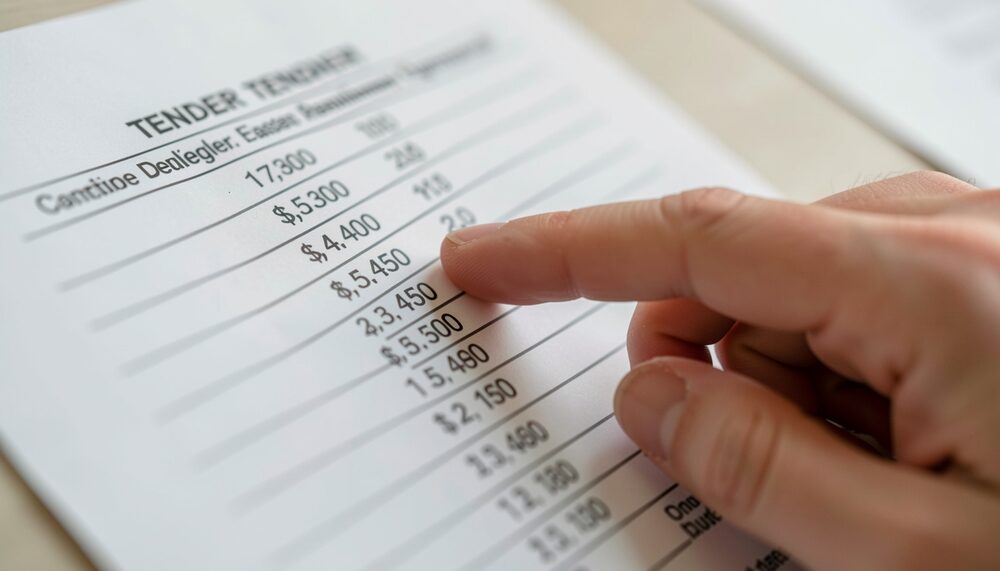 Dedo aponta uma coluna de números num documento de concurso impresso.