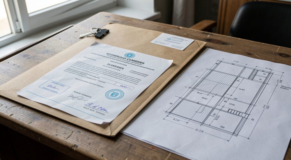 Pasta com certificados traduzidos e um documento de identidade sobre uma planta de obra.