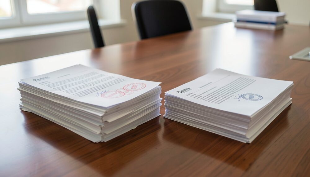 Duas pilhas de documentos traduzidos com carimbos de notário sobre uma mesa de reunião.